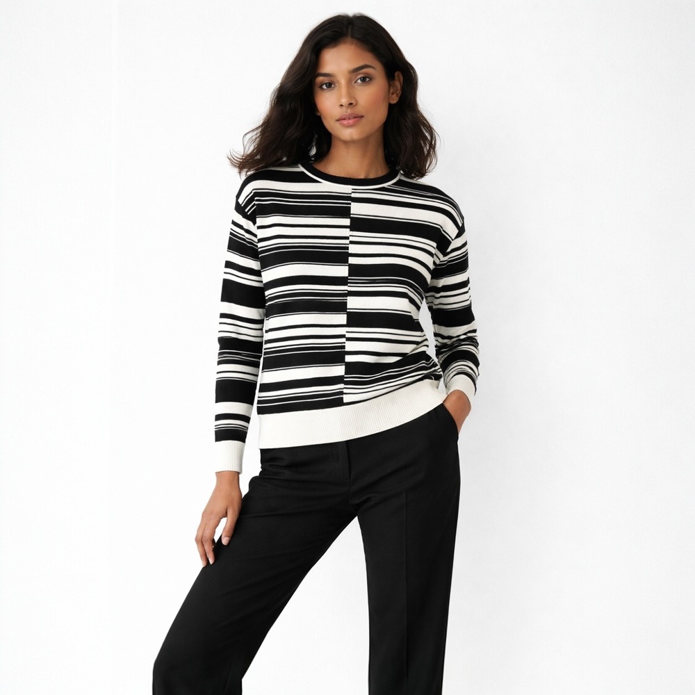Karen Millen Womens Striped Knit Top Black White M Minimalist Office Preppy Chic